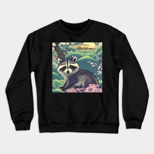 Funny Cute Raccoon with Big Eyes in the Nature Jungle Forest Crewneck Sweatshirt